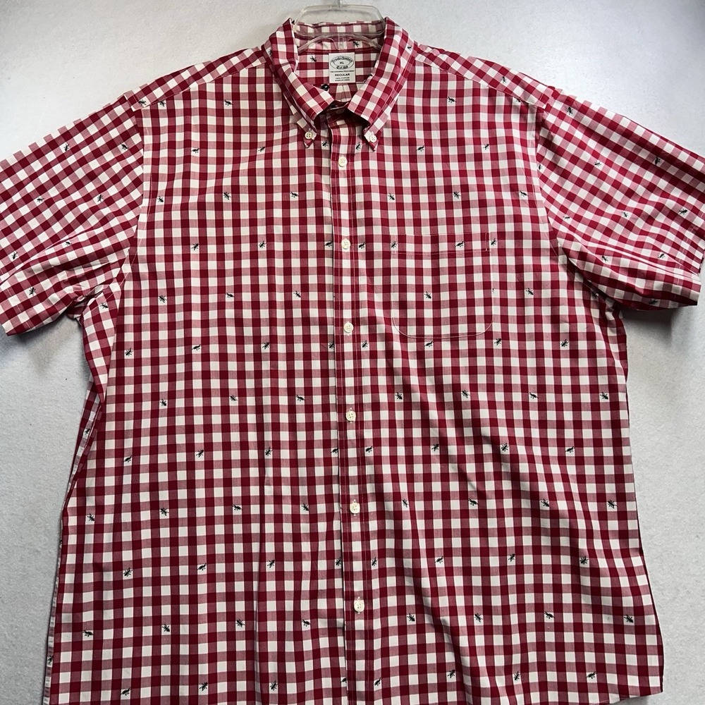 Men's Red & White Plaid Ant Button Down Brooks Brothers Short Sleeve Size XL
